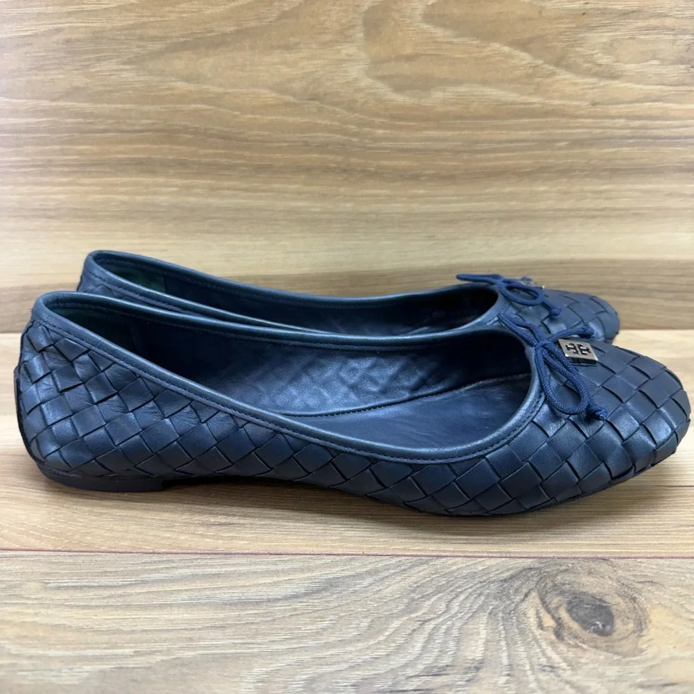 Tory Burch Woven Leather Ballet Flats 10 M Navy Blue Weave Bow Logo Office Walk